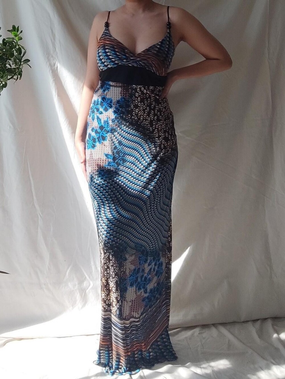 Karel Blue and Brown Abstract Floral Spaghetti Strap Summer Maxi Dress